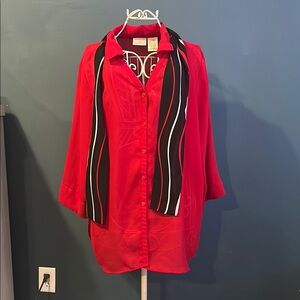 Red Button-Up Blouse with Scarf